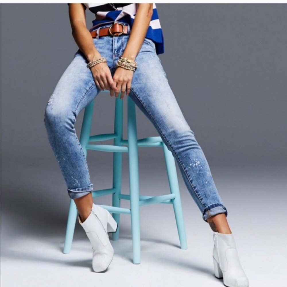 Cabi cinch skinny acid bleach splatter jeans